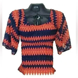 Judith March Blouse Size Small Top Orange Blue‎ Chevron Angel Sleeve Lace GUC S